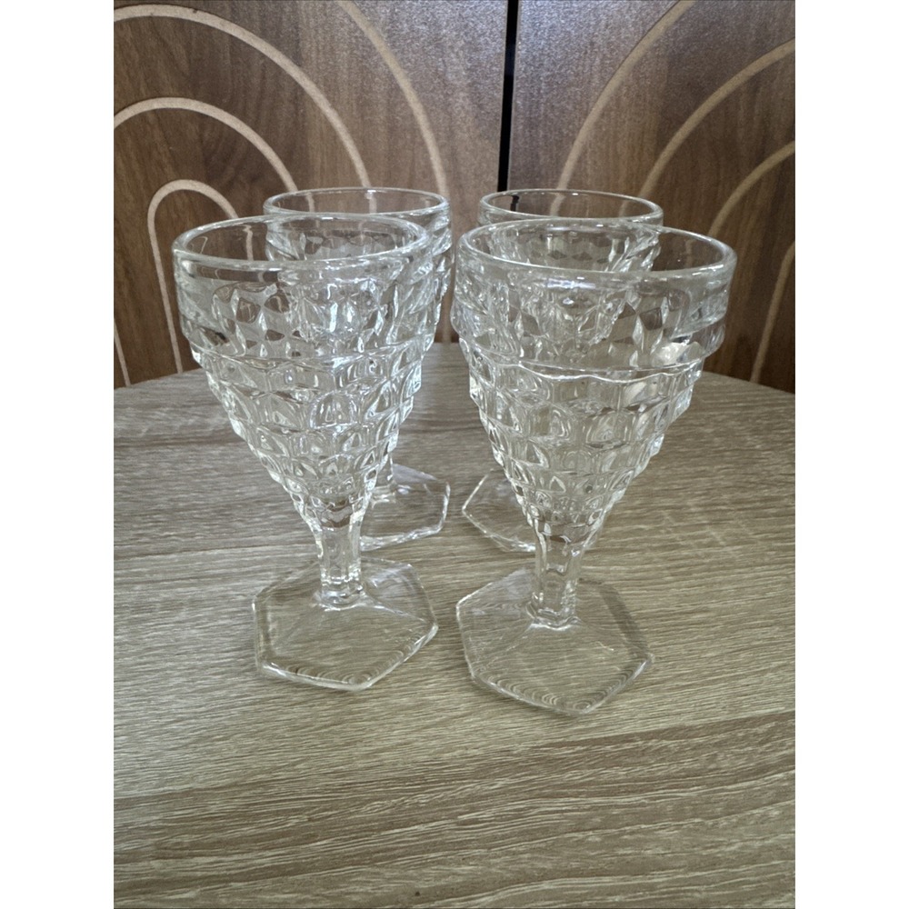 Fostoria Glass American Claret Goblet Hex Footed 2056 Set of 4 Clear 4 3/8" Vtg